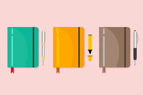 Flat notebook set with pens Stock Illustration