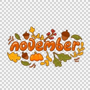 Flat November letters are floating on transparent BG with leaf, acorn, berry, Stock Illustration