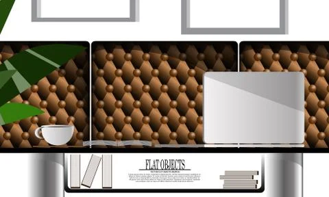 Flat object design set, side view working space on the couch Stock Illustration