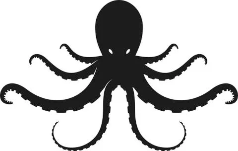 Flat octopus silhouette isolated in black and white. Symmetrical. Stock Illustration