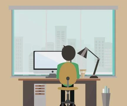 Flat office with a large window and a man who works at the computer Stock Illustration