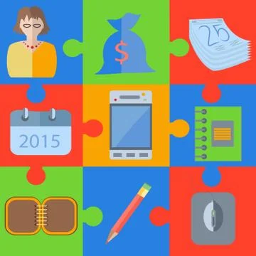 Flat office puzzle elements Ilustração Stock