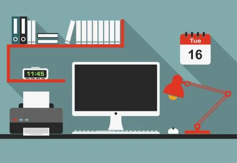 Flat office workplace interior with long shadows Stock Illustration