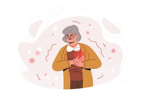 Flat old woman feel sharp chest pain, heart attack symptoms Stock Illustration