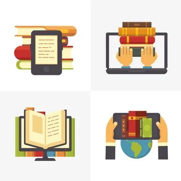 Flat online library. School library book access at laptop. Science educatio.. Illustrazione stock