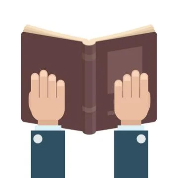 Flat open book icon and hands. Library books, open dictionary page and encycl Stock-Illustration