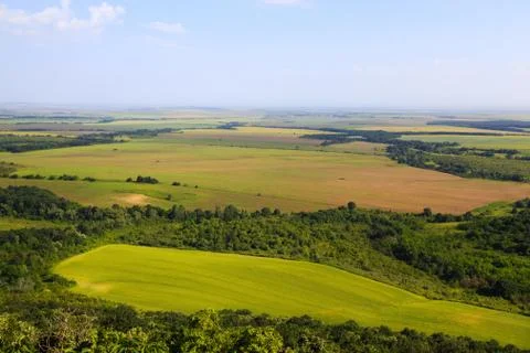 Flat open landscape with agricultural fields Stock Photos