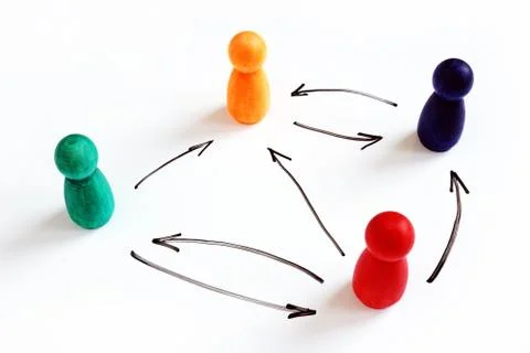 Flat or horizontal organizational structure. Figurines and arrows. Stock Photos