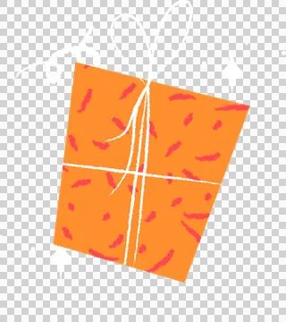 Flat orange gift box is floating on transparent background, with white bow, red Stock Illustration