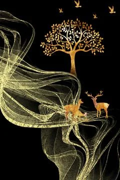 Flat orange outlines of deer, tree and birds, yellow abstract wave on black Stock Illustration