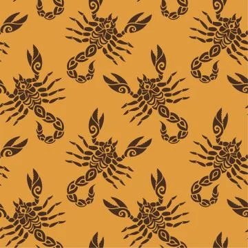 Flat orange pattern with brown stylized scorpions Stock Illustration