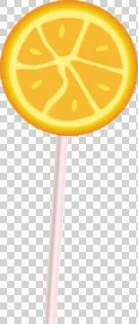 Flat orange slice lollipop with segmented pattern is floating on transparent Illustrazione stock