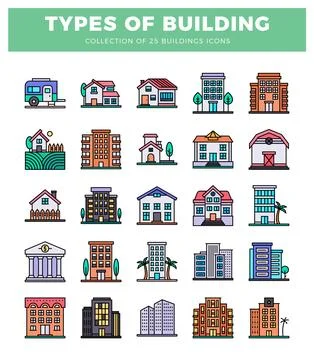 Flat outline building icons for graphic design. Ilustración de archivo