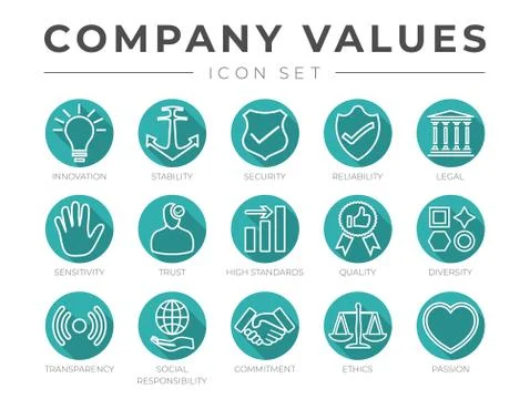 Flat Outline Company Core Values Icon Set Isolated. Innovation, Stability, Se Illustrazione stock