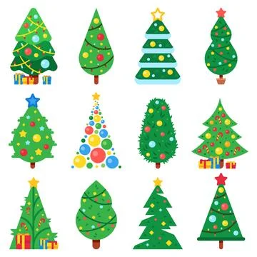 Flat paper christmas tree. Winter holidays trees decorated star, Xmas garla.. Stock Illustration