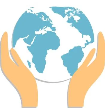 Flat paper cut style icon of two hands holding Earth. Vector illustration. Stock Illustration