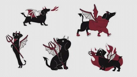 Flat paper stickers of funny winged dachshunds in red outfits Stock Footage 316616899