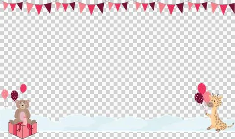 Flat party border is showing bunting, teddy and giraffe holding balloons, Stock Illustration