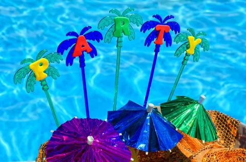 Flat party design concept with blue swimming pool background. Stock Photos
