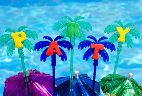 Flat party design concept with blue swimming pool background. Stock Photos