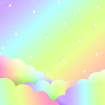 Flat pastel clouds drifting across gradient rainbow sky with floating white Stock Illustration