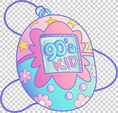 Flat pastel virtual-pet is floating on transparent bg showing 90's Kid screen Stock Illustration