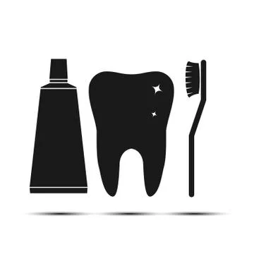 Flat pattern, silhouette toothbrush with tube of toothpaste, and a molar Illustrazione stock
