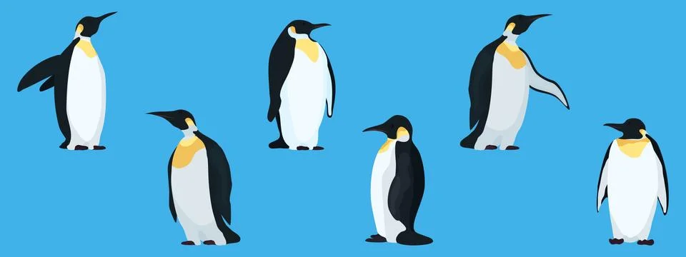 Flat penguins on a blue background collection Stock Illustration