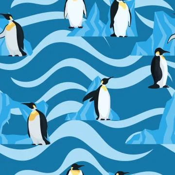 Flat penguins on blue with waves seamless pattern Illustrazione stock