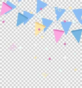 Flat pennant banners are floating on transparent background with pastel confetti Illustrazione stock