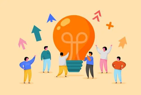 Flat People with Big Light Bulb Idea. Innovation, Brainstorming, Creativity Stock Illustration