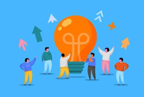 Flat People with Big Light Bulb Idea. Innovation, Brainstorming, Creativity Stock Illustration