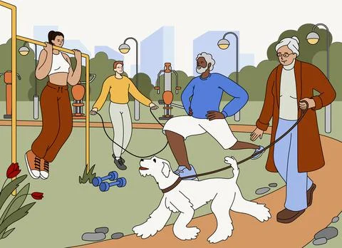 Flat people do sport and woman walk with dog in outdoor city park Stock-Illustration