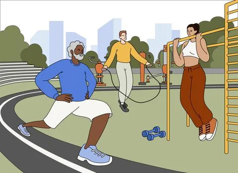 Flat people do sport exercises in summer workout park Stock Illustration