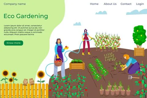 Flat people eco group work in cartoon garden, vector illustration. Man woman at Ilustração Stock
