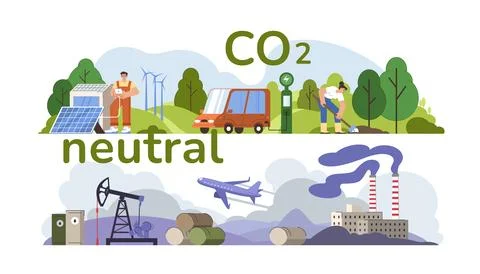 Flat people help save CO2 neutral and eco balance Stock Illustration