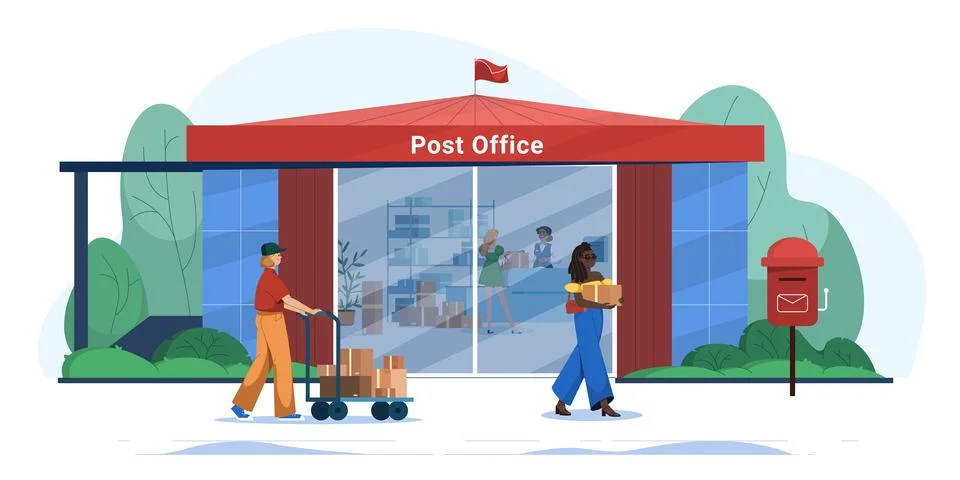 Flat people in post office building sending and receiving parcels Illustrazione stock