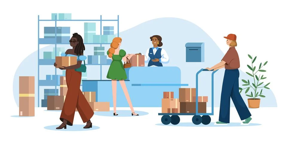 Flat people in post office sending and receiving parcels Illustrazione stock