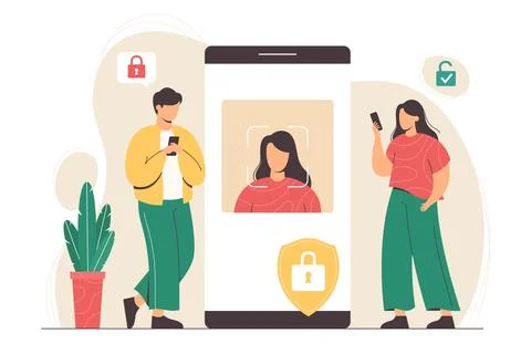 Flat people with smartphone scan faces for unlock device Stock-Illustration