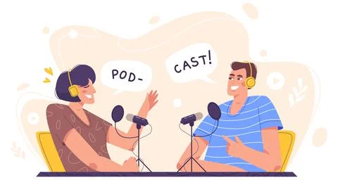 Flat people in studio recording audio podcast Stock-Illustration