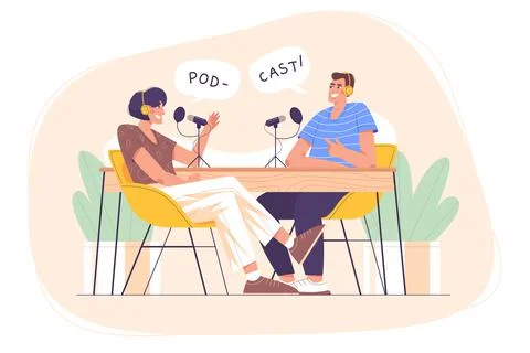 Flat people in studio recording audio podcast Stock Illustration