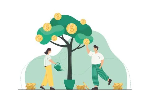 Flat people watering money tree and picking golden coins Stock Illustration