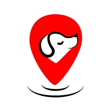 Flat pets gps logo design. Dog map marker vector. Animal walking takes care with Stock Illustration