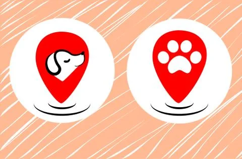 Flat pets gps logo design. Dog map marker vector. Animal walking takes care with Stock Illustration