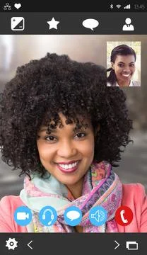 Flat phone interface showing smiling woman in pink coat and scarf with inset Stock Photos