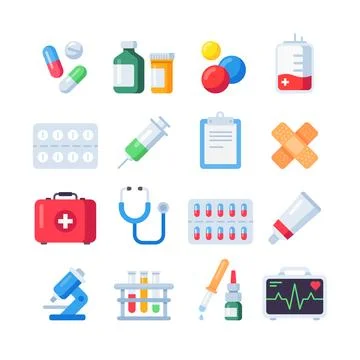 Flat pill icons. Medication dose of drug for treatment. Medicine bottle and.. Stock Illustration