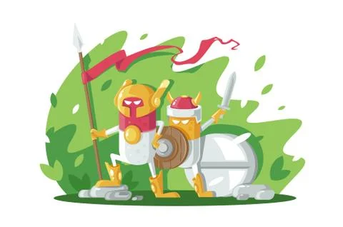 Flat pills with helmet, shield, sword and standard protection people. Illustrazione stock