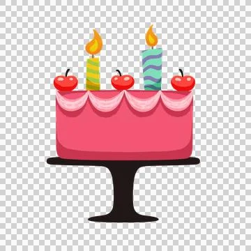 Flat pink cake is resting on black stand with three cherries, lit candles on イラスト素材