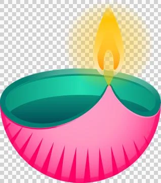 Flat pink diya with teal interior emitting flickering flame in yellow halo, Ilustración de archivo