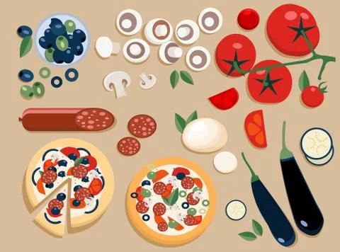 Flat pizza ingredients set entire and cut into pieces: olives, mushrooms, tom イラスト素材